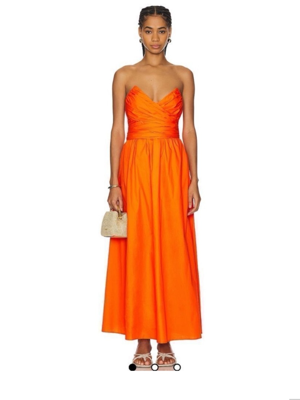 Line & Dot Strapless Sunburst Midi Dress in Bright Orange